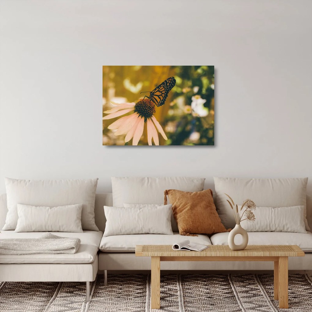 Tablou pe sticlă cu fluture pe floare (70x50 cm)