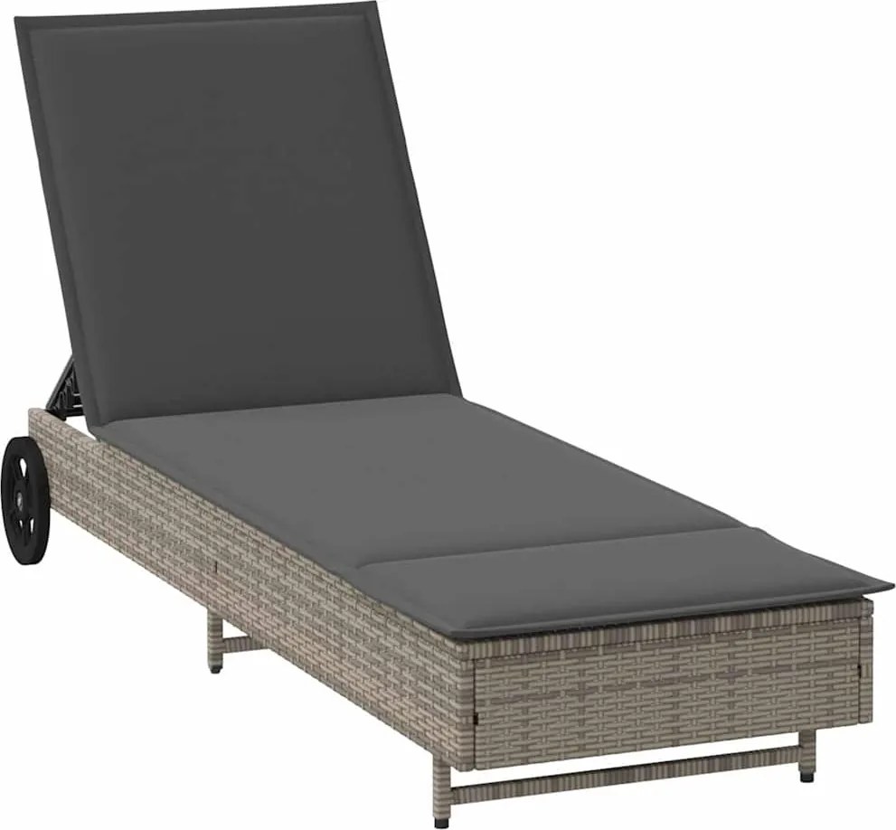vidaXL Șezlong cu roți și pernă, gri, poliratan