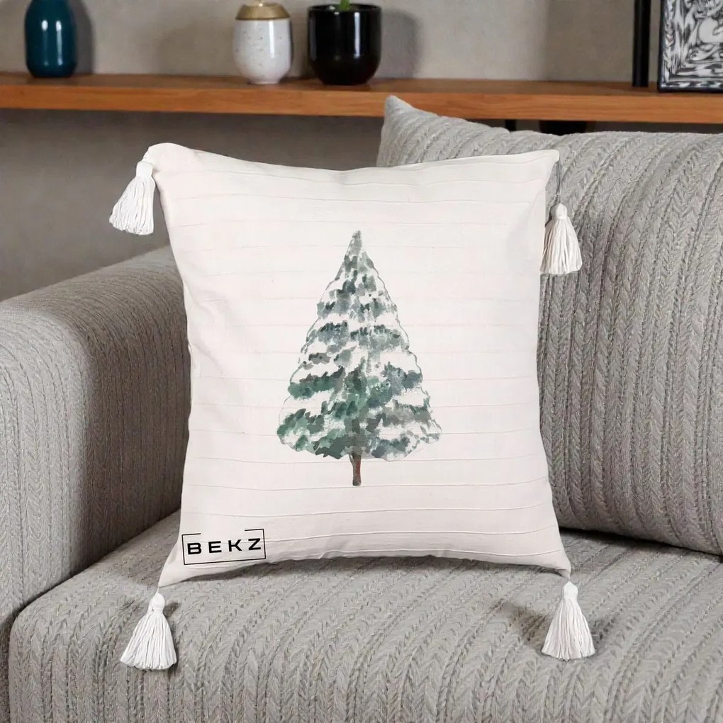 Perna Decorativa cu Franjuri cu tematica de Craciun, Brad 2, 40x40 cm, Bej cu Franjuri, Husa Detasabila, Perna Inclusa, BEKZ®