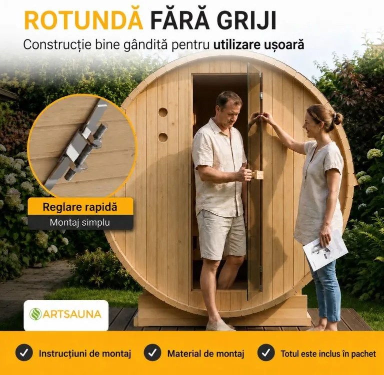 Saună butoi din lemn de molid, 6 kW, 191x193x180 cm, ușă st.