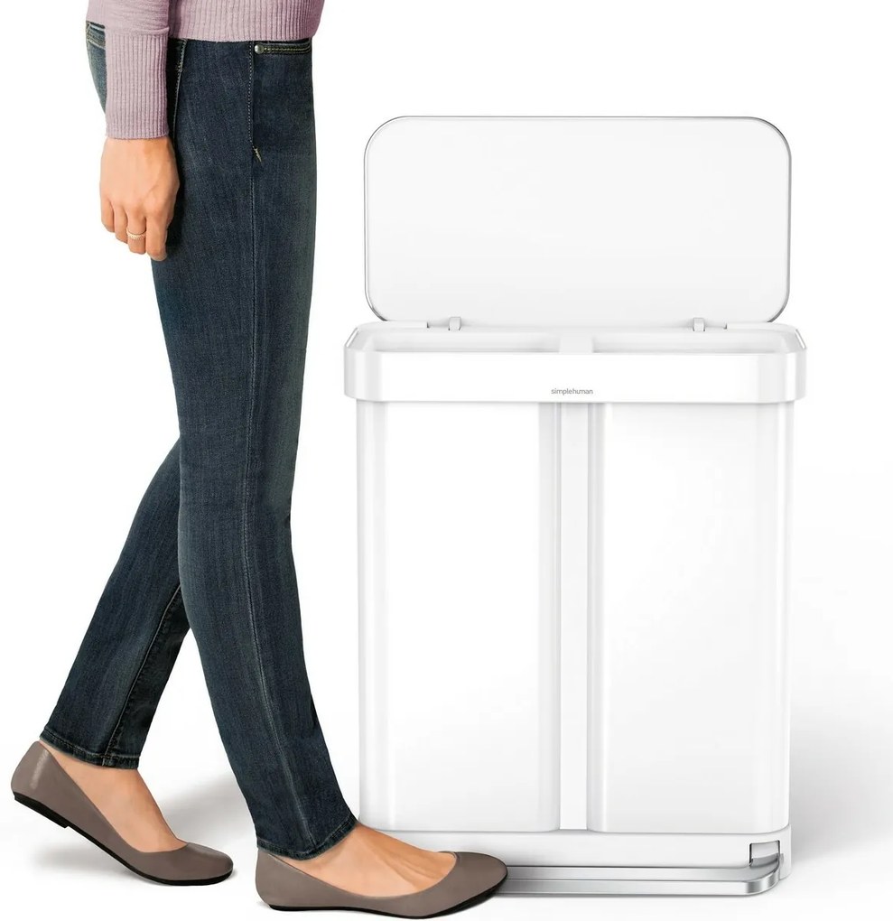 Coș de gunoi cu pedală Simplehuman pentru sortareadeșeurilor 58 l, alb