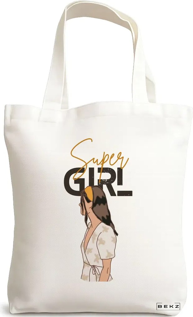 Sacosa de Panza pentru Cumparaturi, Geanta Tote, model Super Girl, 38x34.5 cm, Alba, BEKZ®