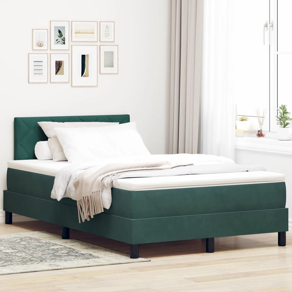 vidaXL Pat box spring cu saltea, verde închis, dublu mic, catifea