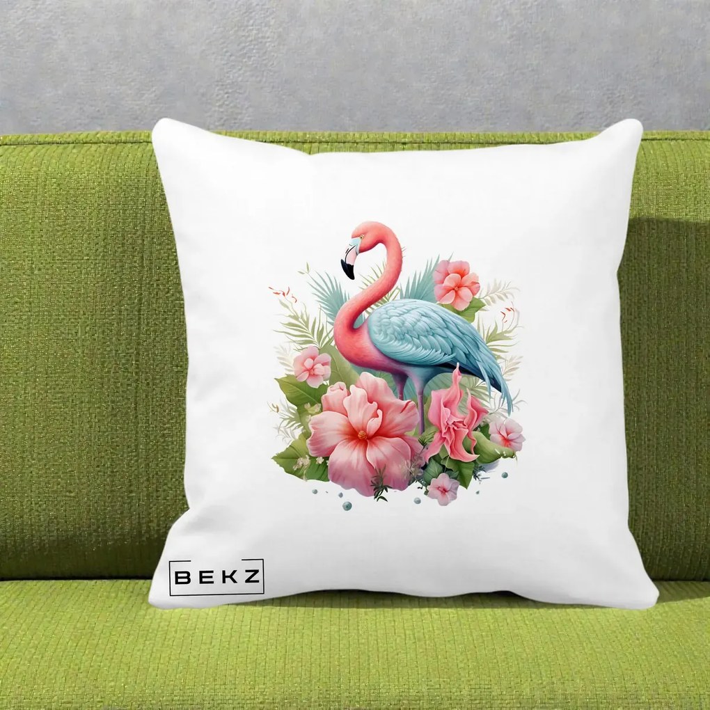 Perna Decorativa Flamingo cu Hibiscus Tropical, 40x40 cm, Alba Mata, Husa Detasabila, Perna Inclusa, BEKZ®
