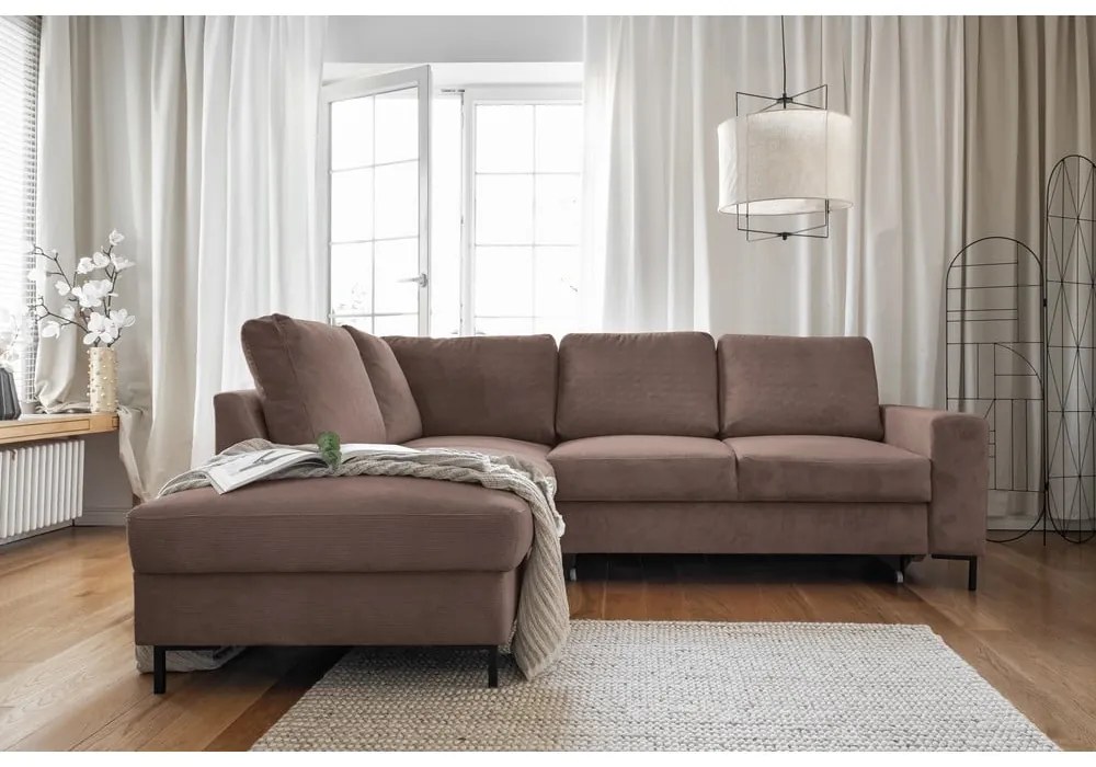 Colțar maro extensibil cu tapițerie din catifea reiată (cu colț pe partea stângă ) Lofty Lilly – Miuform