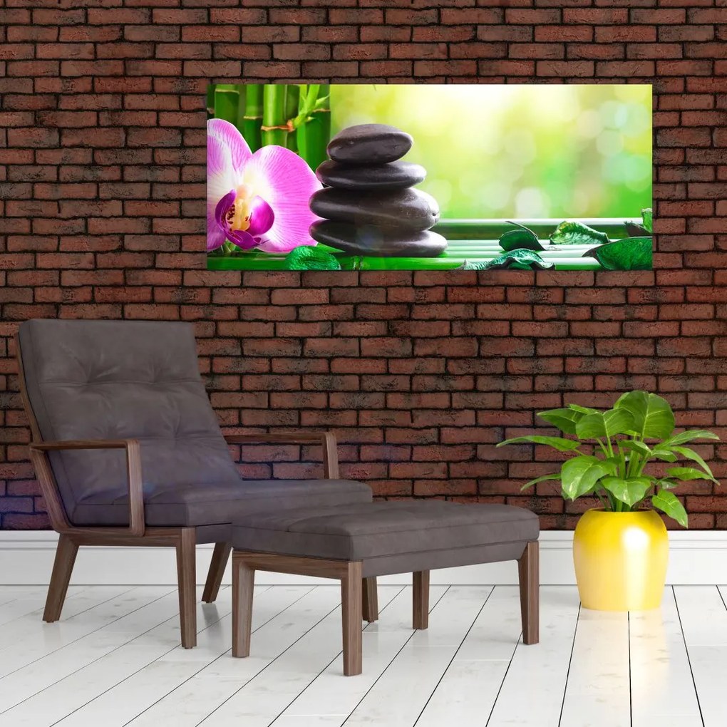 Tablou cu pietre pentru masaj și orhidee (120x50 cm)