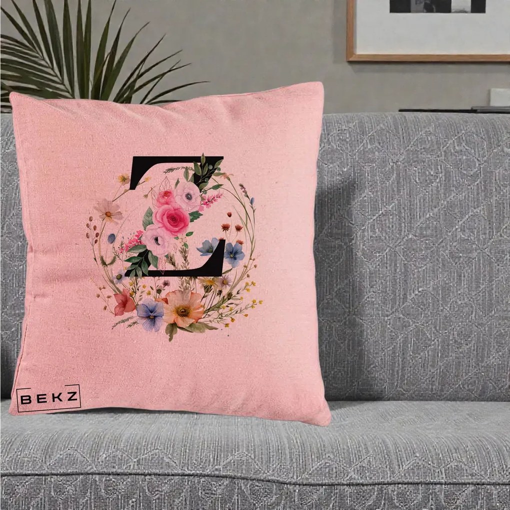 Cadou Personalizat - Perna Personalizata Monograma Florala Litera Z cu Coroana, 40x40 cm, Roz, Husa Detasabila, Perna Inclusa, BEKZ®