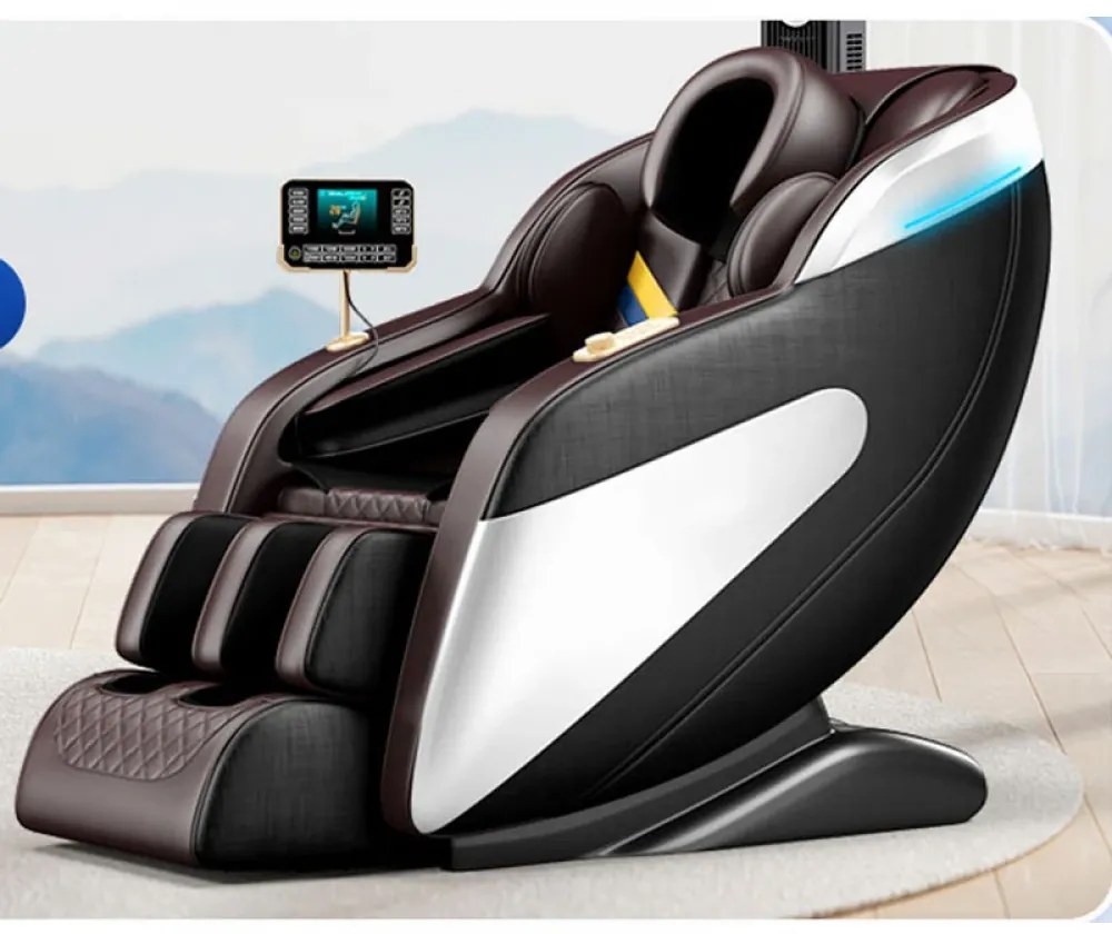 Fotoliu de masaj LUCIUS, cu Incalzire, Bluetooth, Display, Ecran tactil, Controler rapid cotiera, dispozitiv incarcare USB, Zero Gravity, 2 Boxe, Moduri Automate, Suport Picioare extensibil, Piele PU Premium, Maro