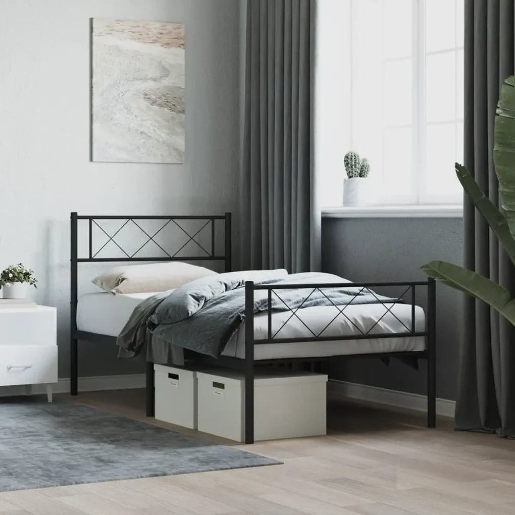 372291 vidaXL Cadru pat metalic cu tăblii de cap/picioare, negru, 107x203 cm