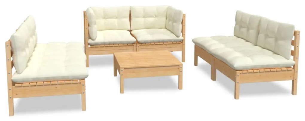 3096214 vidaXL Set mobilier grădină cu perne crem, 7 piese, lemn masiv de pin