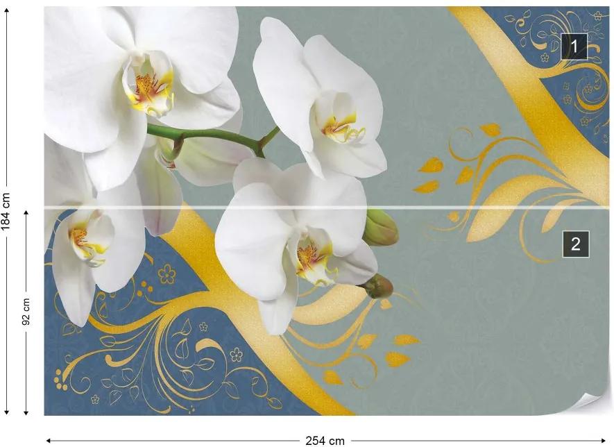 GLIX Fototapet - Orchids And Swirls Blue And Gold Floral Design Vliesová tapeta  - 254x184 cm