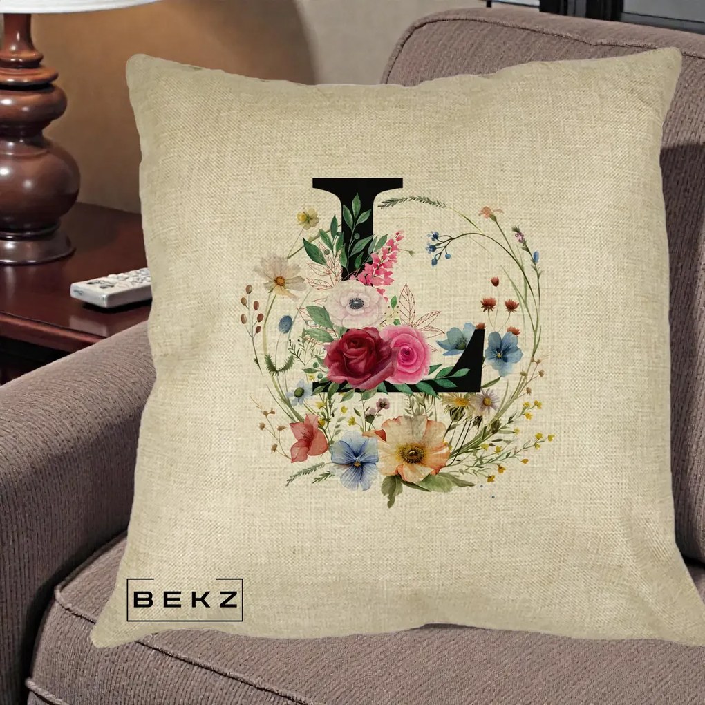 Cadou Personalizat - Perna Personalizata Monogram Litera L cu Flori Acuarela, 40x40 cm, Crem, Husa Detasabila, Perna Inclusa, BEKZ®