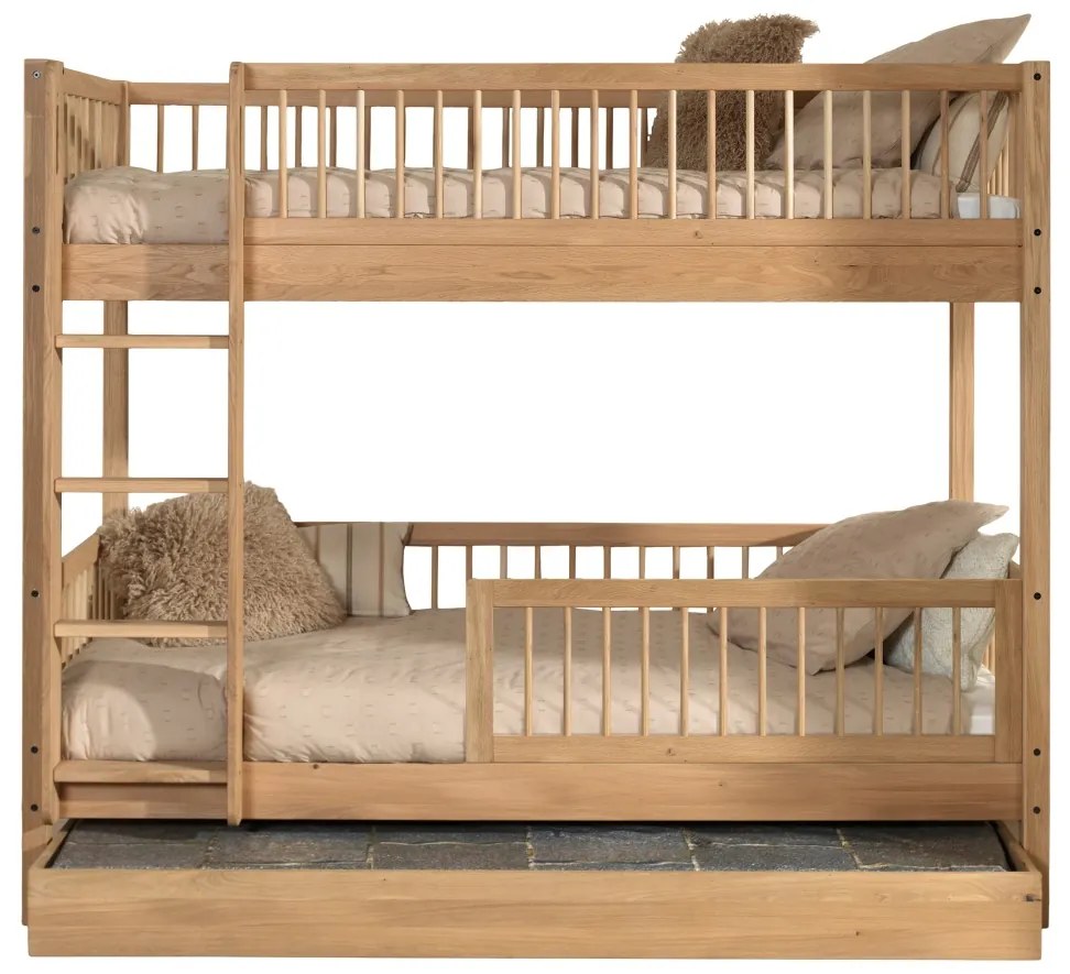Set Complet: Pat Supraetajat Forrest Oak pentru Camera Copii, 90x200 cm, cu Sertar Pat și Barieră de Siguranță, din Lemn Masiv de Stejar, Natur –
