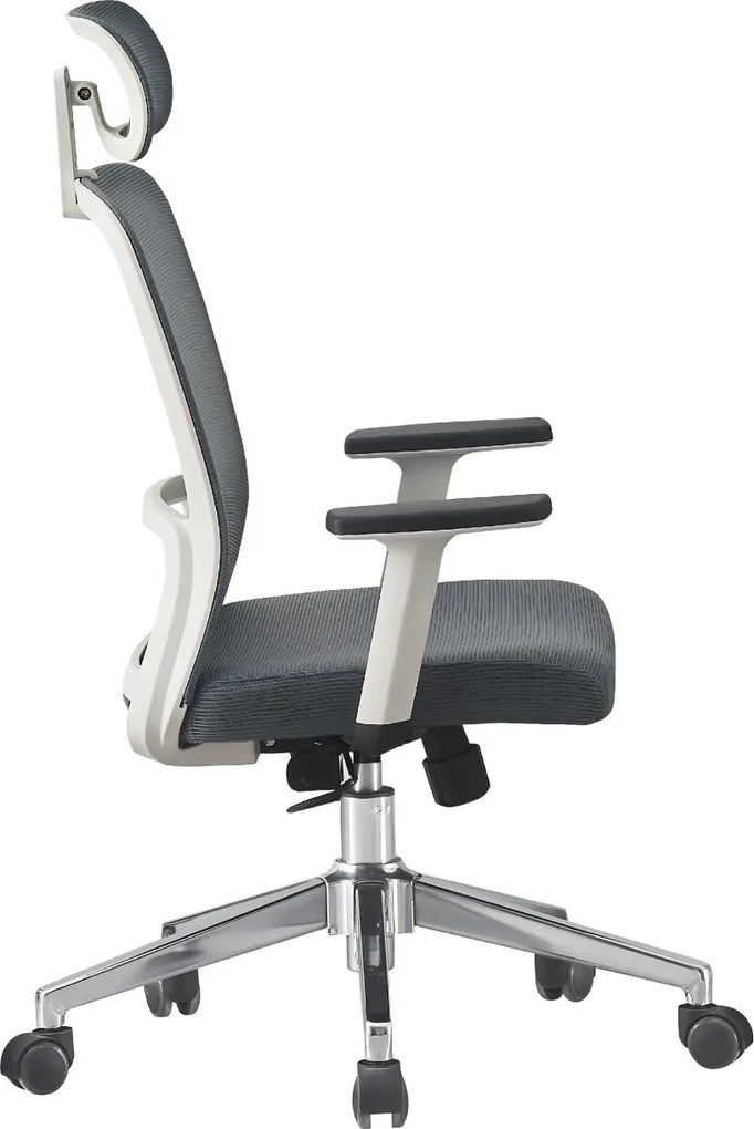 Scaun ergonomic, Spătar Mesh Respirabil, Suport Lombar Reglabil 2D, Tetiera Reglabila, Mecanism Balans Si Inclinare 90–125°, Reglare Pe Inaltime, Pivotant 360°, Baza Metalica Stabila, Roti Silentioase, Gri/Alb