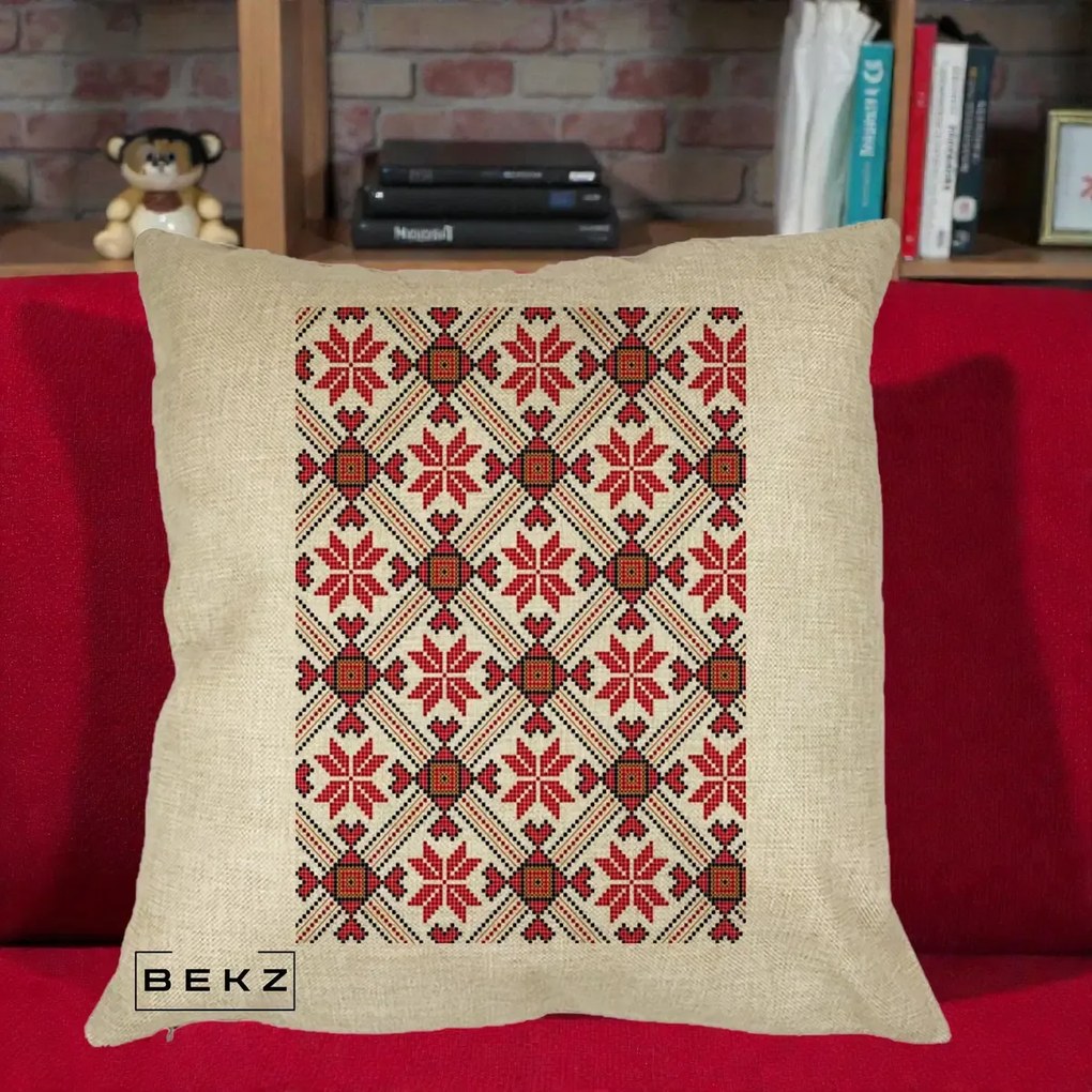 Perna Personalizata Motiv Traditional Ie Romaneasca Rosu, 40x40 cm, Crem, Husa Detasabila, Perna Inclusa, BEKZ®