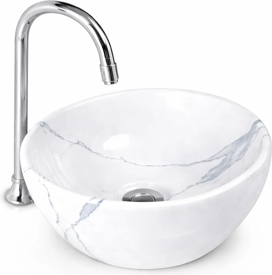 ASTI-M || Lavabou adânc, de pus pe blat, ceramică, alb, imitație marmură, rotund