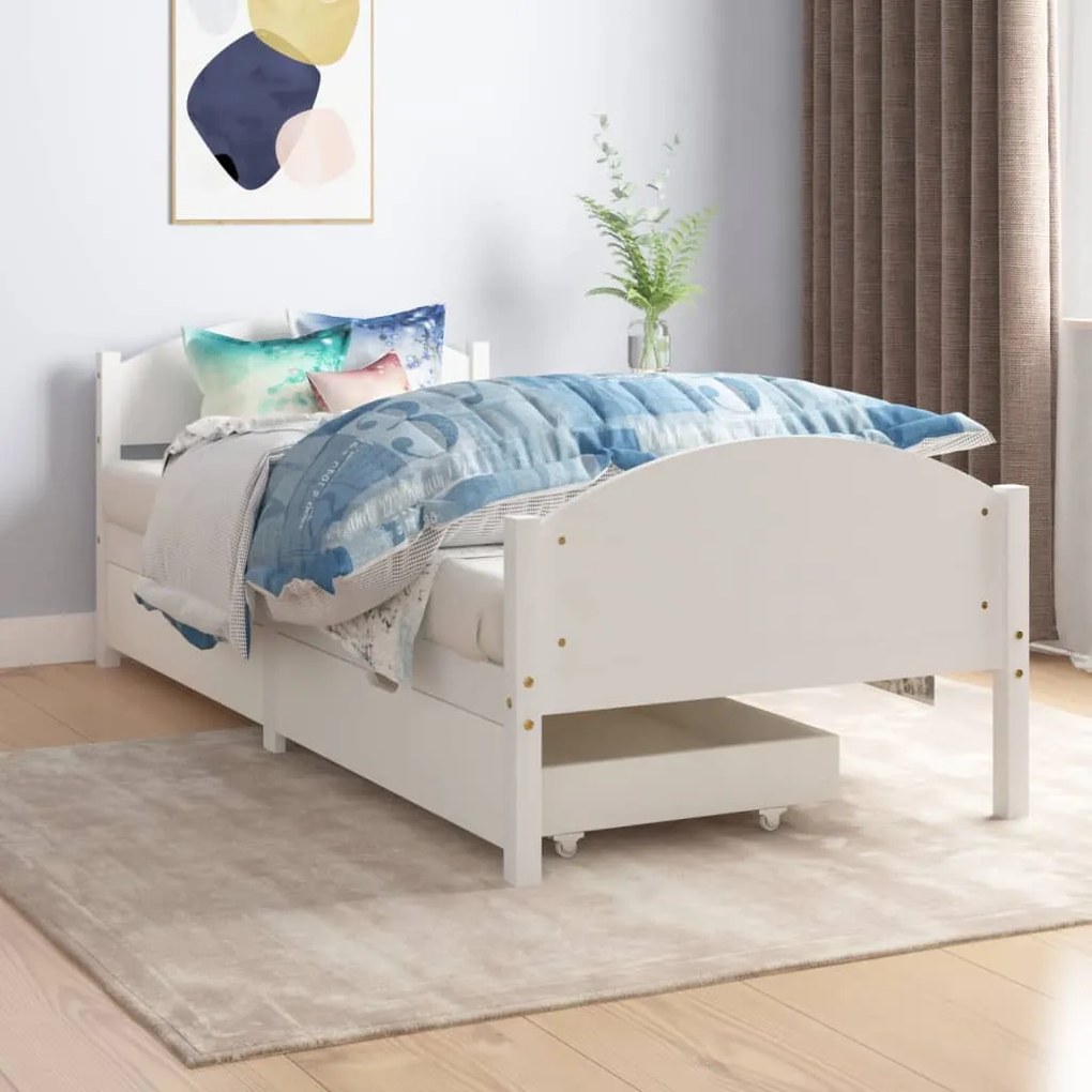 3060479 vidaXL Cadru de pat cu 2 sertare, alb, 90x200 cm, lemn masiv de pin