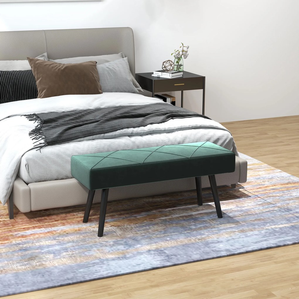 HOMCOM Bancă pentru Capătul Patului, Bancă cu Picioare din Oțel și Țesătură cu Efect de Catifea, 100x36x45 cm, Verde | Aosom Romania