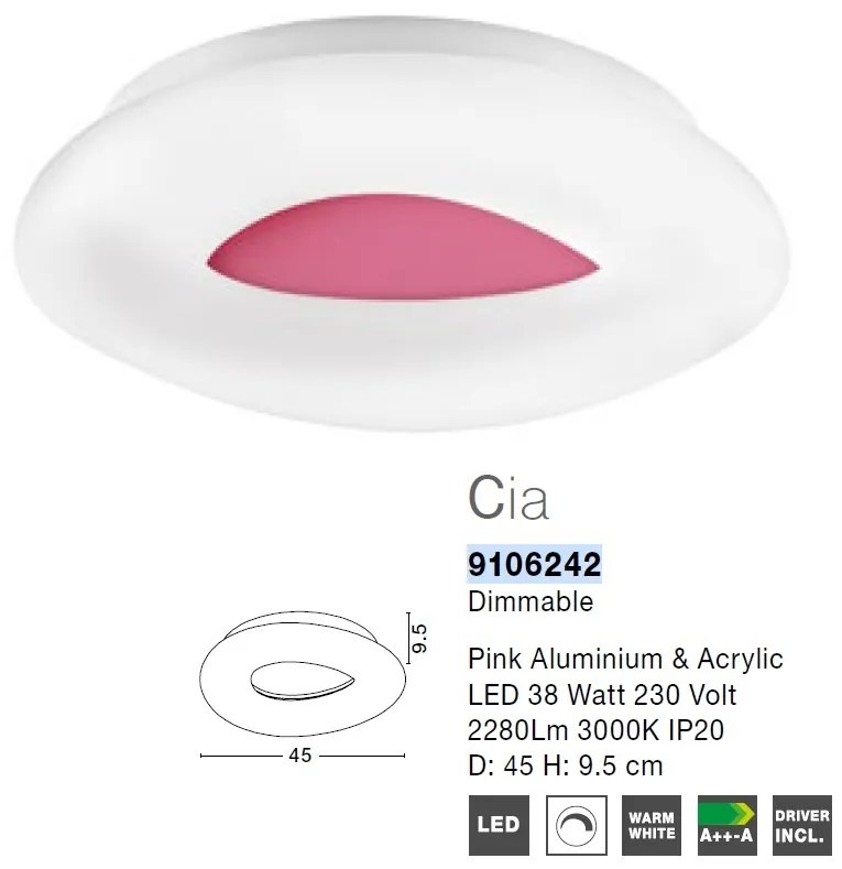 Plafoniera LED dimabila, design modern Cia roz, 45cm