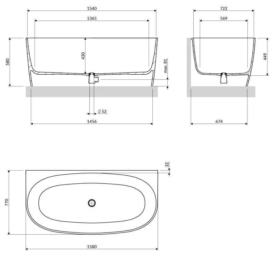 Omnires Valencia M+ cada de perete 158x77 cm ovala alb VALENCIASWPBM