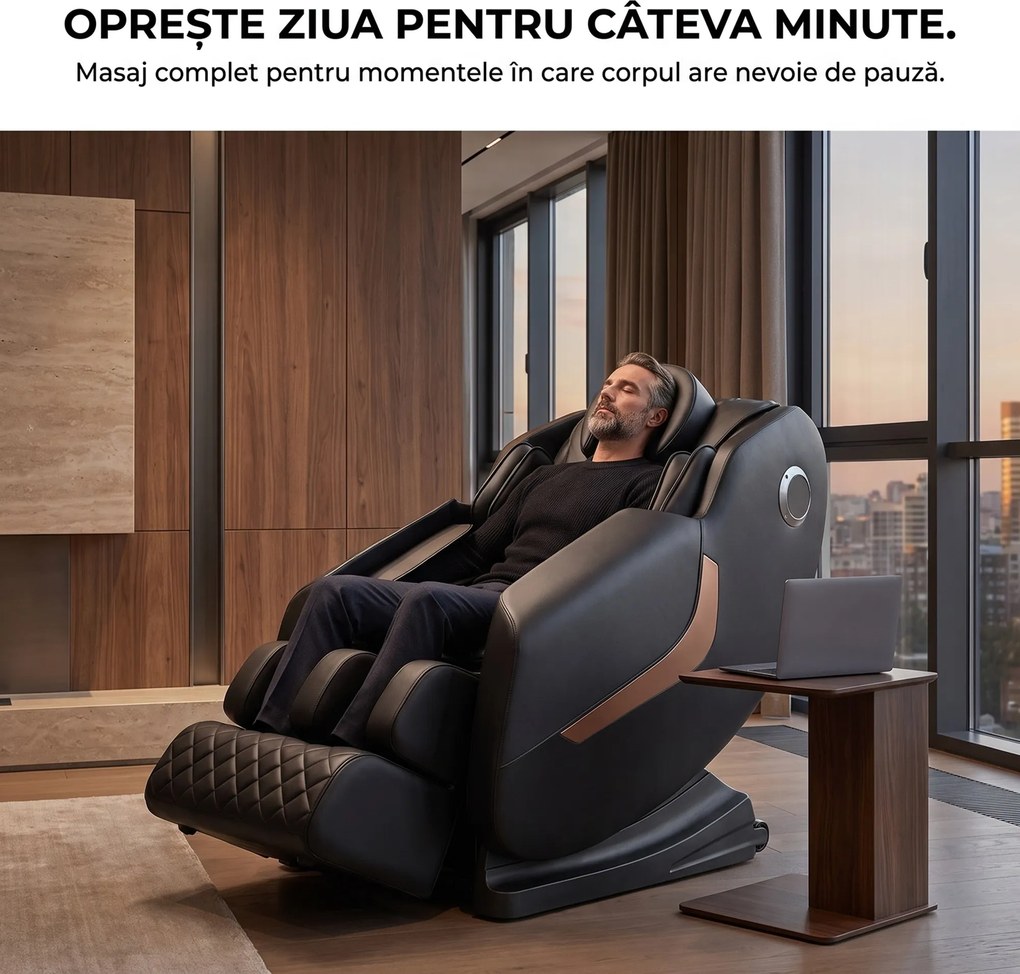 Fotoliu masaj GAIUS ULTRA PRO cu comanda vocala AI, Zero Gravity si incalzire lombara, Negru