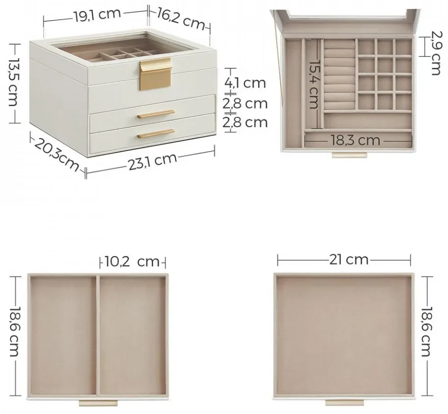 Cutie bijuterii, 23.1 x 20.3 x 13.5 cm, MDF / catifea, alb, Songmics