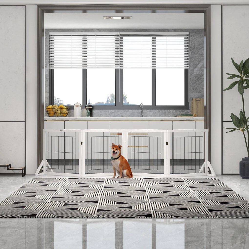PawHut Poartă Pliabilă pentru Câini, Poartă de Siguranță pentru Animale și Căţei cu 4 Panouri și Picioare Triunghiulare, 280x70 cm, Alb | Aosom Romania