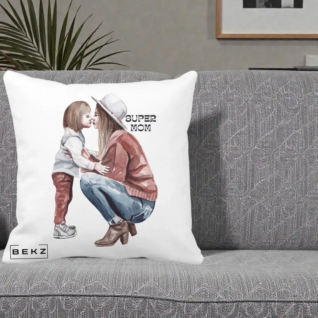 Cadou pentru Mama - Perna Personalizata Super Mom Acuarela, 40x40 cm, Alba Mata, Husa Detasabila, Perna Inclusa, BEKZ®