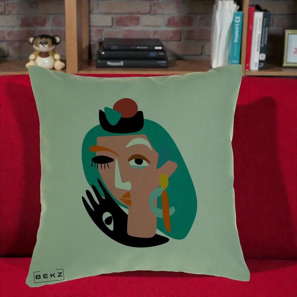 Perna Decorativa Portret Abstract Matisse Turcoaz, 40x40 cm, Verde, Husa Detasabila, Perna Inclusa, BEKZ®