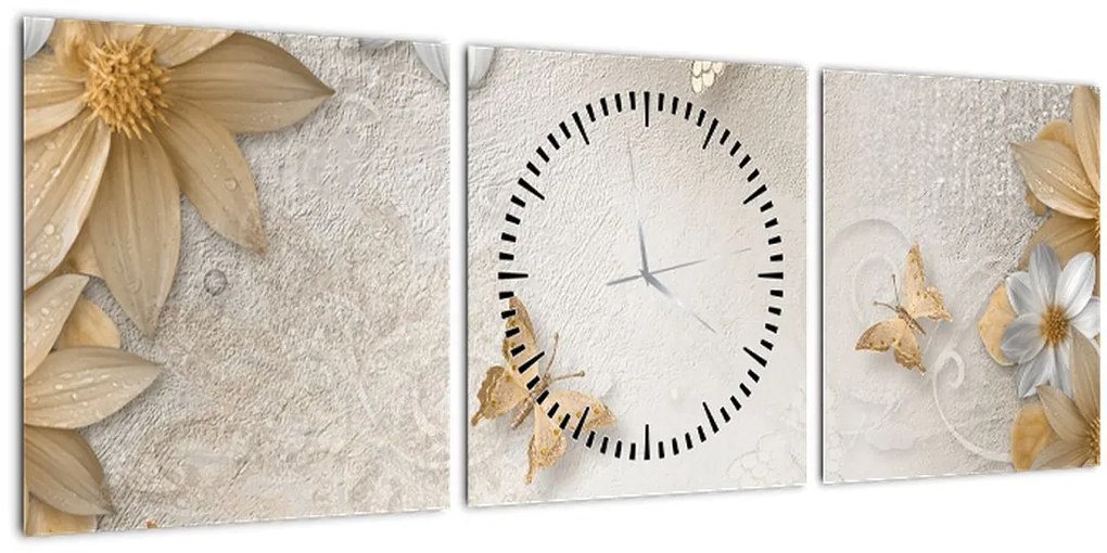 Tablou - Flori cu fluturi (cu ceas) (90x30 cm)
