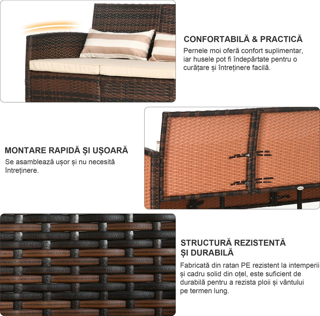 Outsunny Canapea de exterior cu 3 locuri, din ratan PE, cu perne confortabile și detașabile, 173x68x78 cm, maro | Aosom Romania