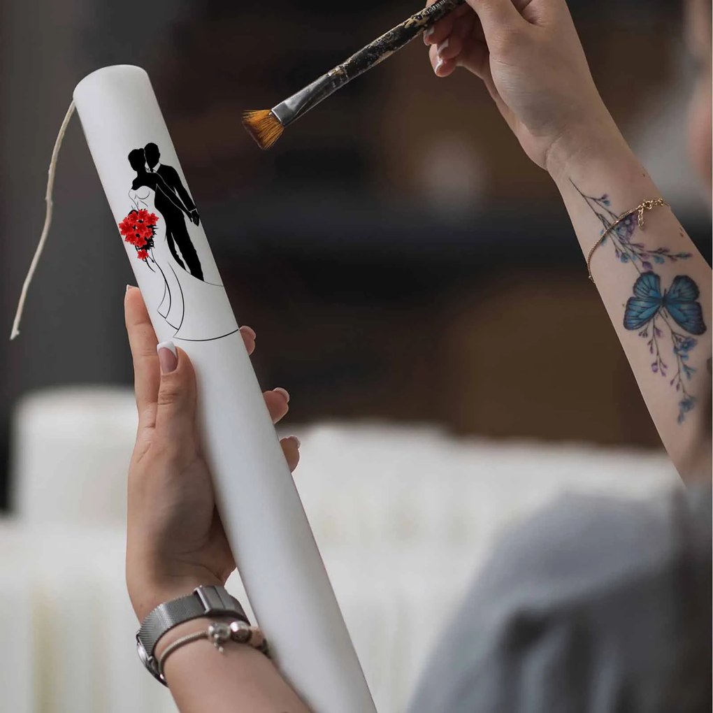 Set 2 Lumanari Nunta Mire si Mireasa cu buchet rosu 5,5 cm, 50 cm