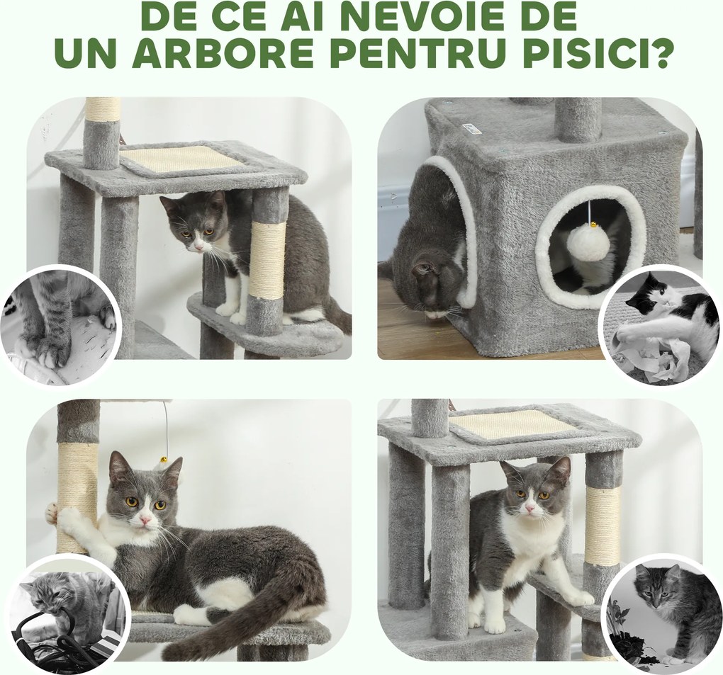 PawHut Ansamblu de joacă zgârietoare pentru pisici cu căsuță, pat și 2 mingi, din lemn și pluș, 55x40x107 cm, gri și alb | Aosom Romania