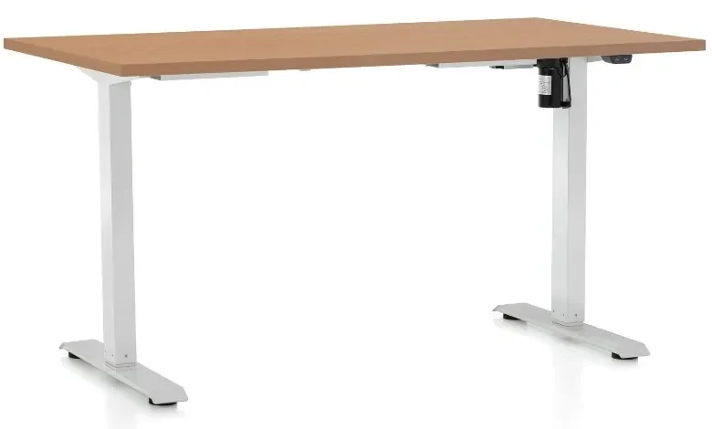 Masa inaltime reglabila OfficeTech A, 120 x 80 cm, bază albă, fag