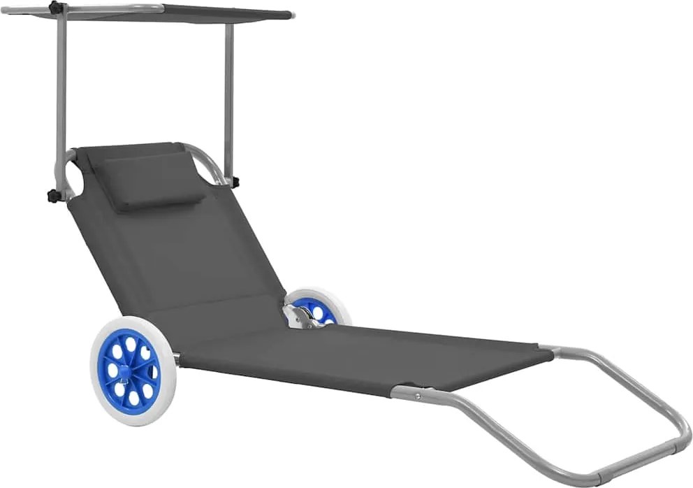 vidaXL Șezlong pliabil cu baldachin și roți, gri, oțel