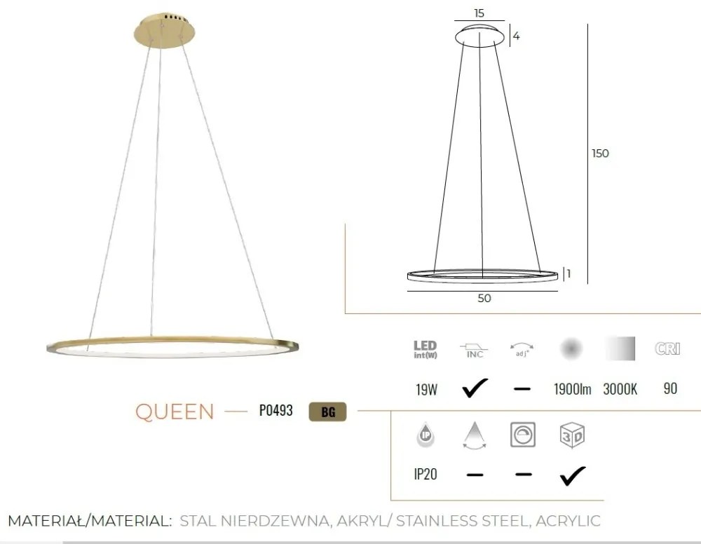 Lustra suspendata LED dimabila design modern QUEEN auriu periat, 50cm