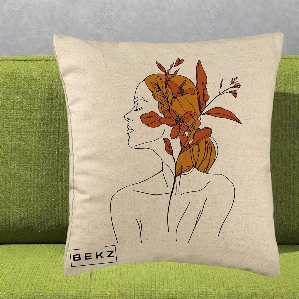 Perna Decorativa Portret Feminin Crin Ruginiu Auriu, 40x40 cm, Bej, Husa Detasabila, Perna Inclusa, BEKZ®