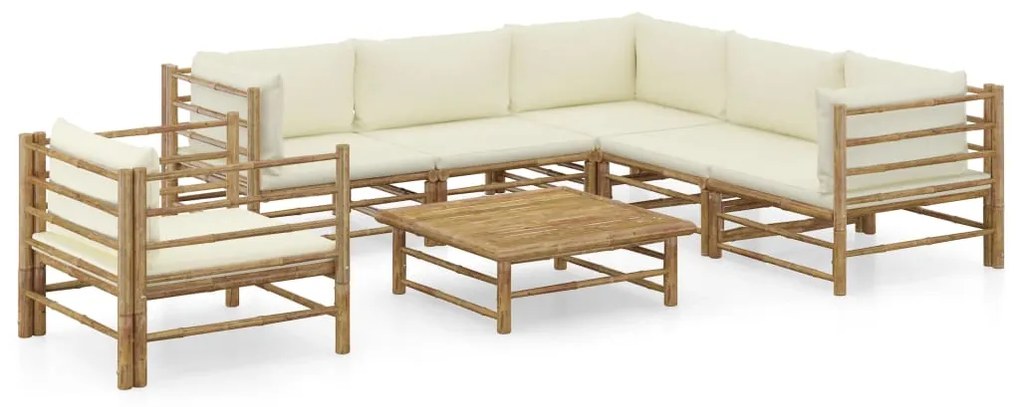 vidaXL Set mobilier de grădină cu perne alb crem, 7 piese, bambus
