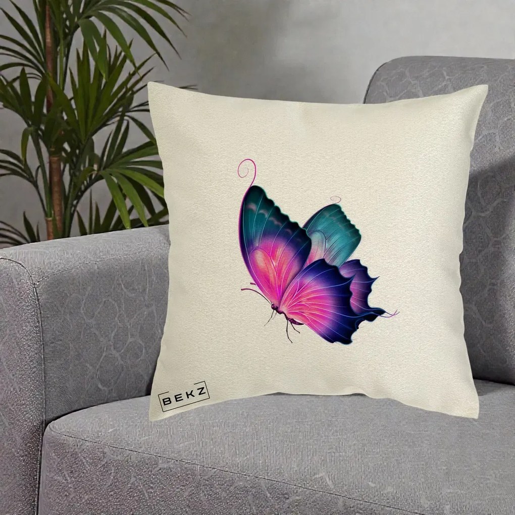 Perna Decorativa Fluture Neon, 40x40 cm, Ecru, Husa Detasabila, Perna Inclusa, BEKZ®