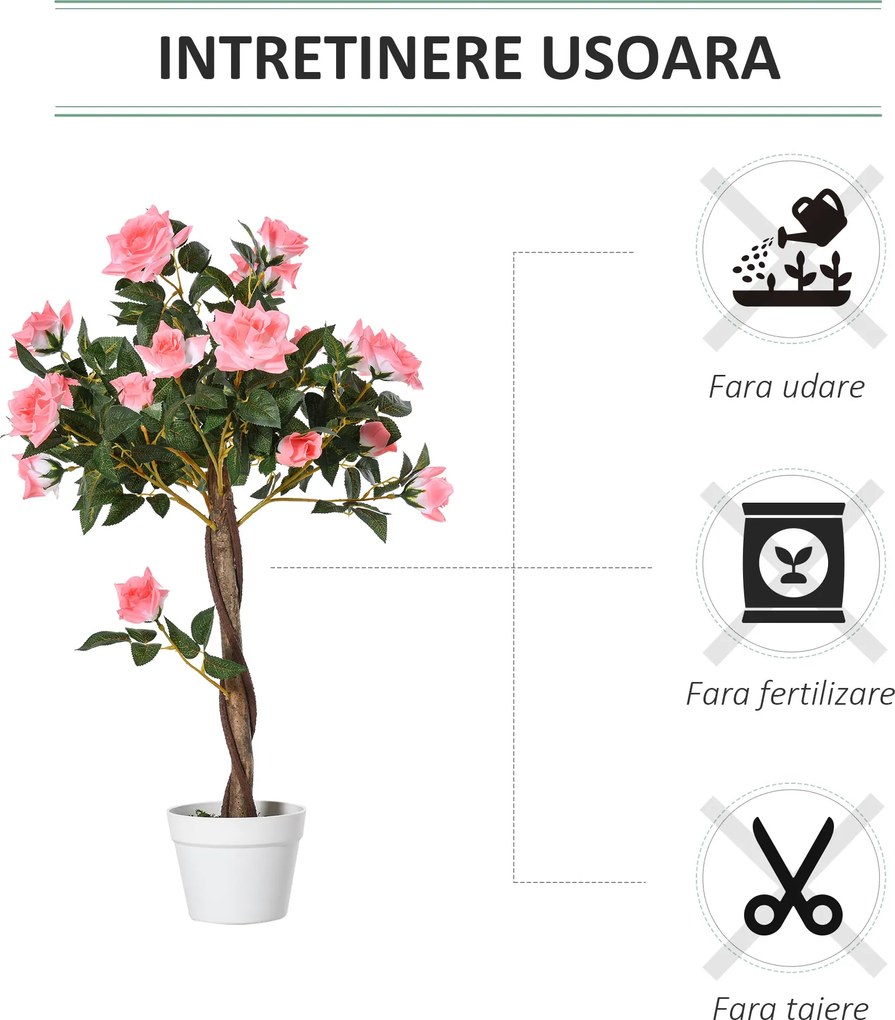 Outsunny Plantă Artificială de Trandafiri cu 21 de Flori, Ghiveci Umplut cu Ciment și Mușchi, Ø18x90 cm, Roz | Aosom Romania