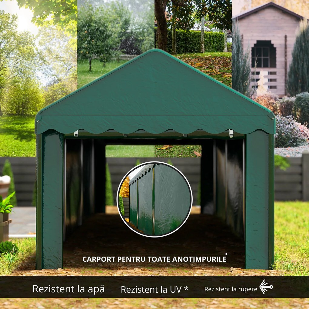 Outsunny Carport tente garage 3 x 6m Acoperiș mașină robust cu 2 uși înfășurate, țesătură 200g PE, verde | Aosom Romania