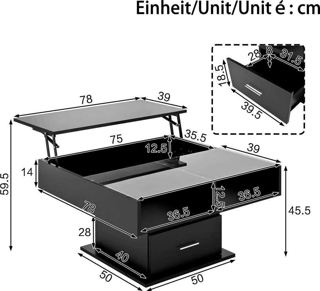 Masă de cafea multifuncțională, cu finisaj lucios și lift, cu iluminare LED, reglabilă pe înălțime și cu spațiu de depozitare flexibil, 78x78x45,5 cm, Negru