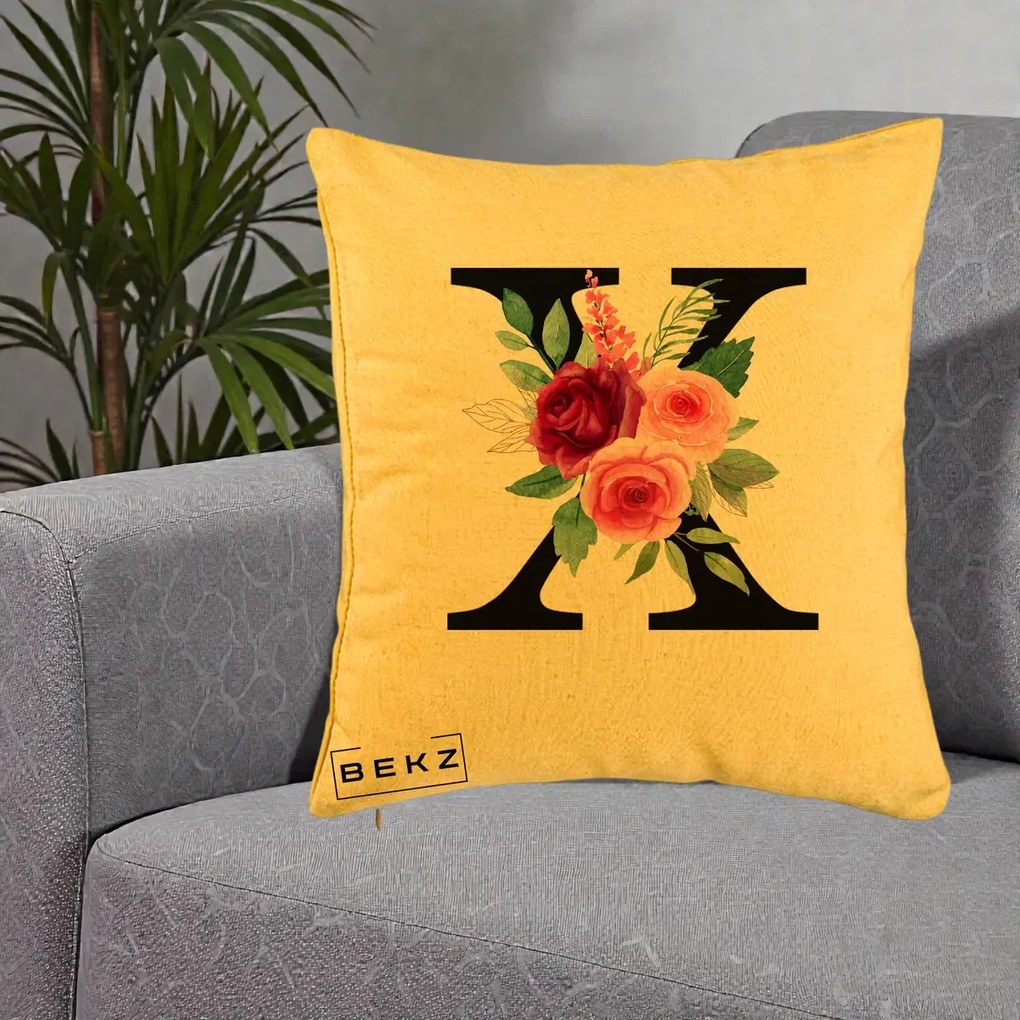 Cadou Personalizat - Perna Personalizata Monograma Florala Litera X cu Buchet, 40x40 cm, Galben, Husa Detasabila, Perna Inclusa, BEKZ®