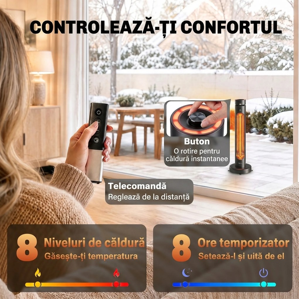 Outsunny Încălzitor Electric Oscilant cu Infraroșu, 2000 W, cu Telecomandă, Negru | Aosom Romania