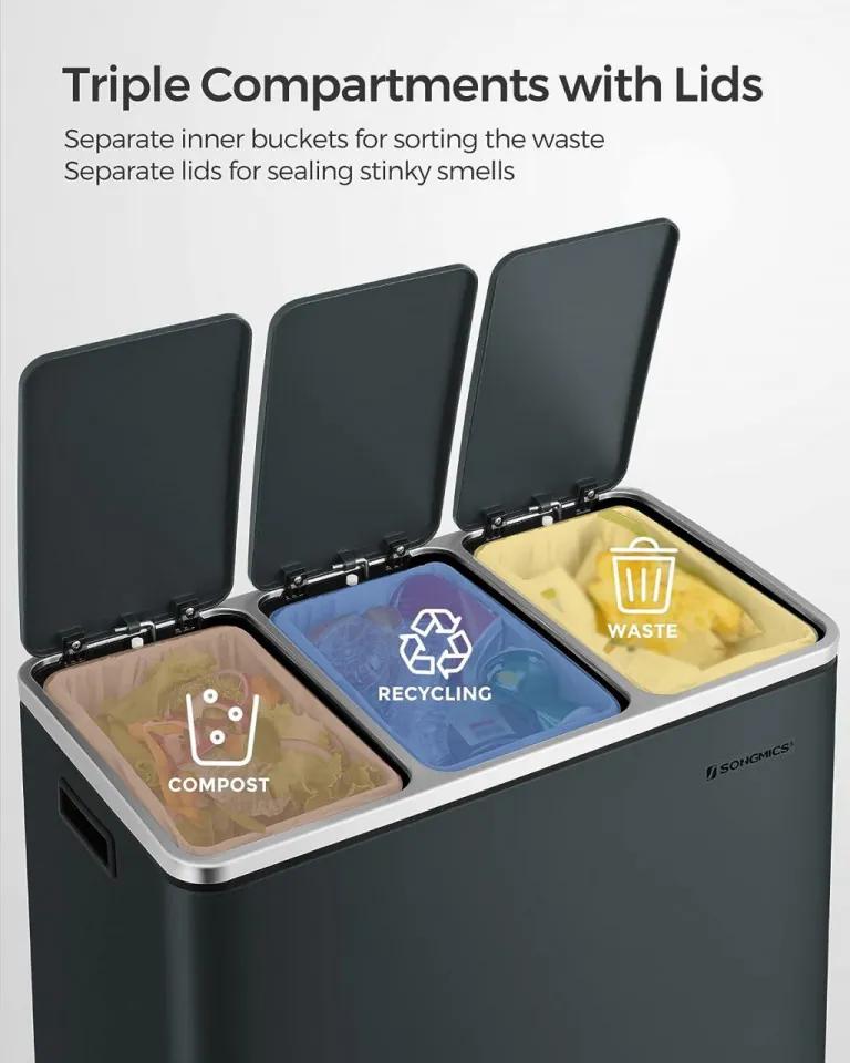 Cos de gunoi cu 3 compartimente pentru reciclare, metal / polipropilena, gri antracit, Songmics