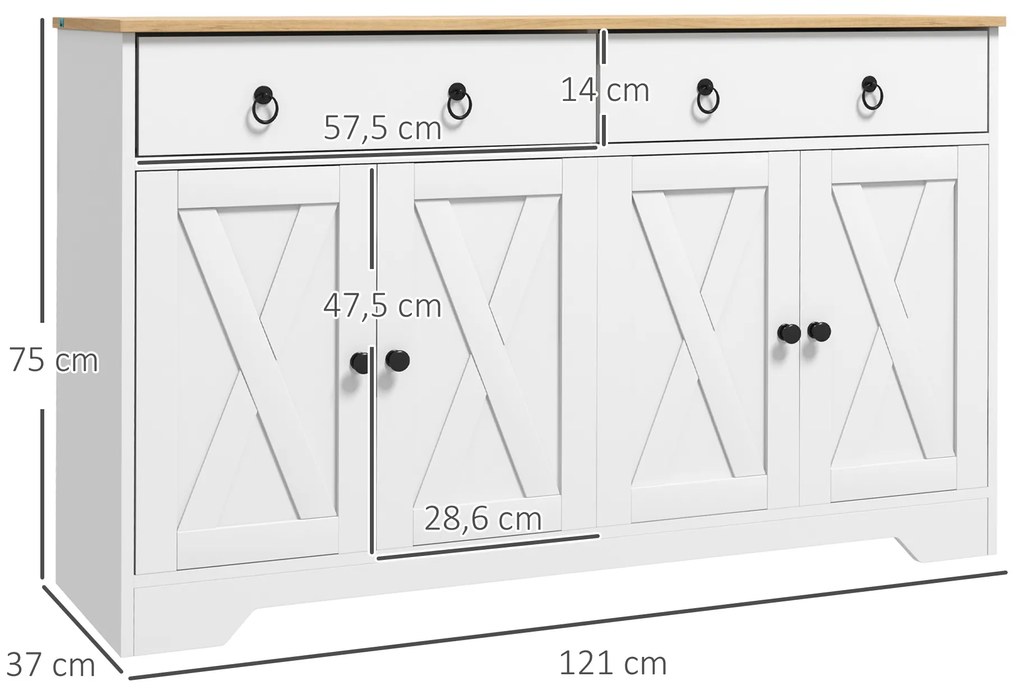 HOMCOM Bufet mobilier de depozitare dulap de bucătărie stil rustic 2 sertare și 2 dulapuri rafturi la înălțimi reglabile alb | Aosom Romania