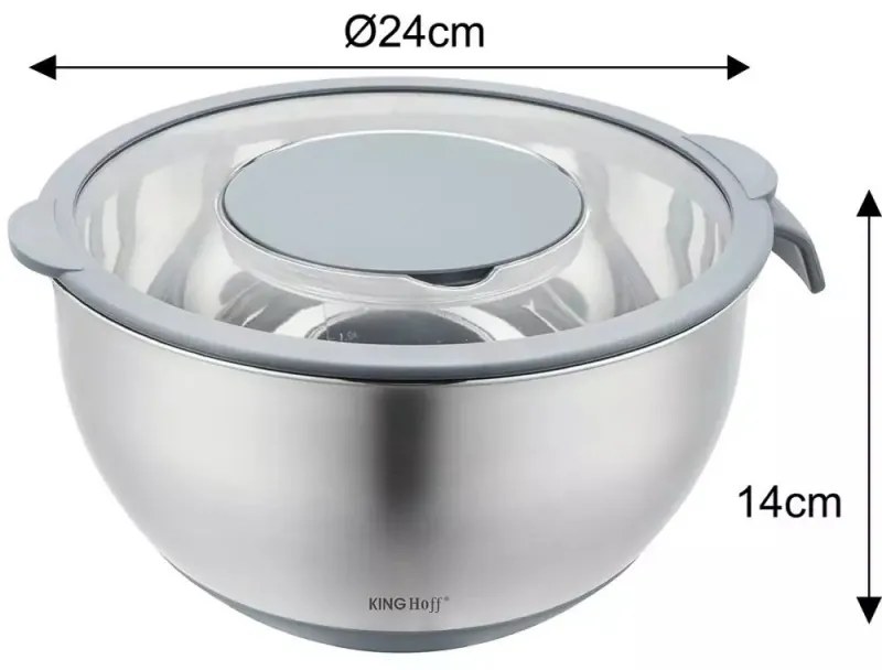 Bol multifunctional pentru salata Kinghoff KH 1862, 24 cm, 5 L, 3 razatori, Anti-alunecare, Inox/Gri