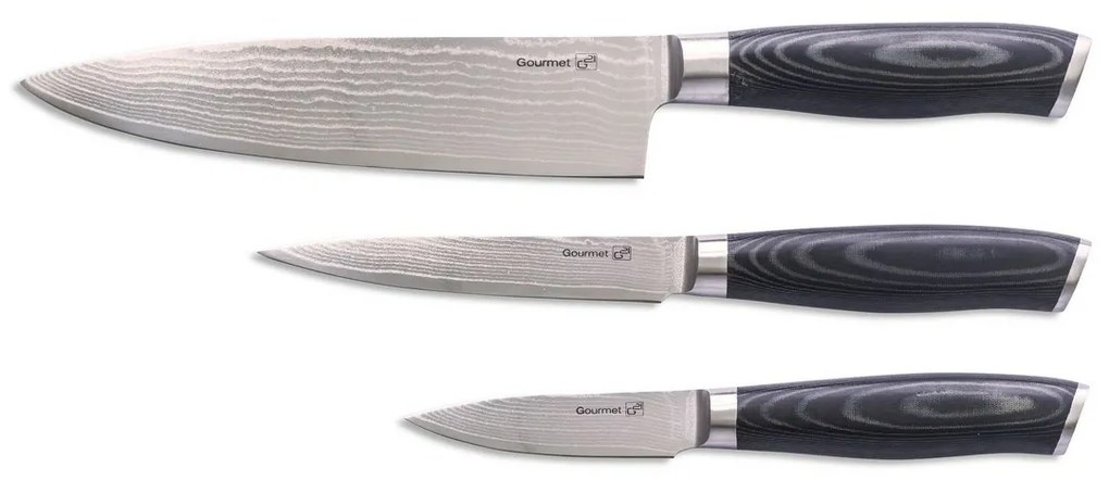 Set de cuțite G21 Gourmet Damascus în bloc de bambus 3 bucăți + piatră de ascuțit
