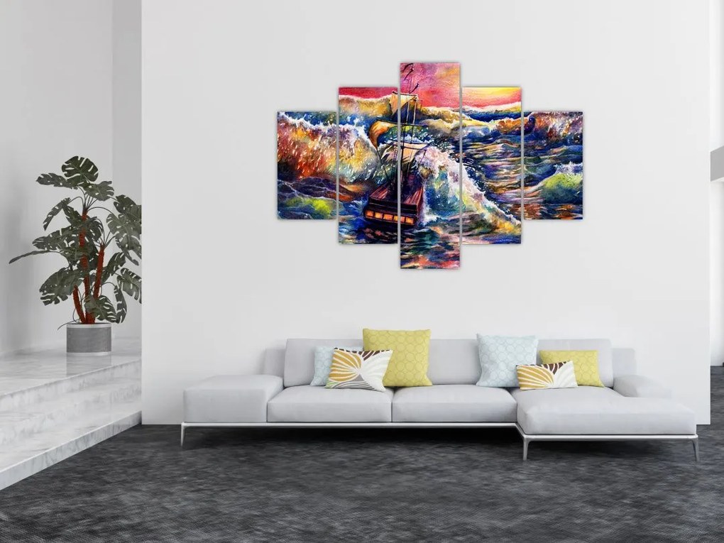 Tablou - Navă pe valurile oceanului, aquarelă (150x105 cm)