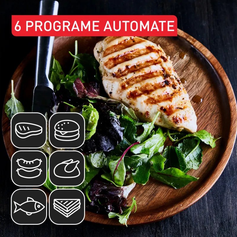 Gratar electric Tefal OptiGrill+ GC717810, 2000W, 6 programe, Acoperire antiaderenta Teflon, Ecran tactil, Smart grill, Max 240C, Negru